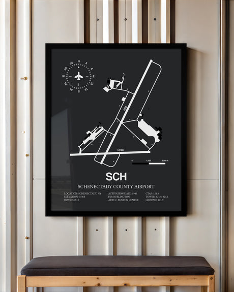 Framed Detailed Airport Map of Schenectady County Airport (SCH) in Gray with a Black Frame