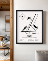 Framed Detailed Airport Map of Schenectady County Airport (SCH) in White with a Black Frame