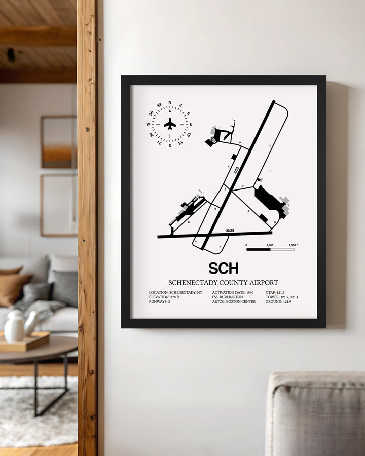 Framed Detailed Airport Map of Schenectady County Airport (SCH) in White with a Black Frame
