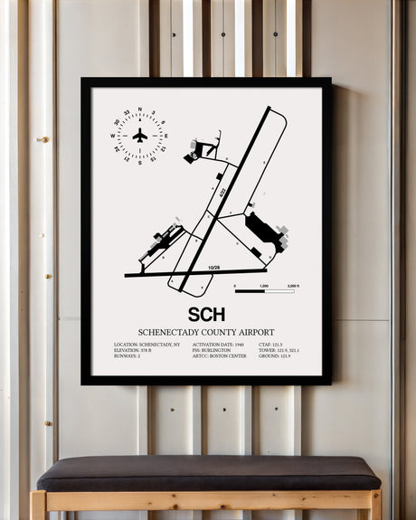 Framed Detailed Airport Map of Schenectady County Airport (SCH) in White with a Black Frame