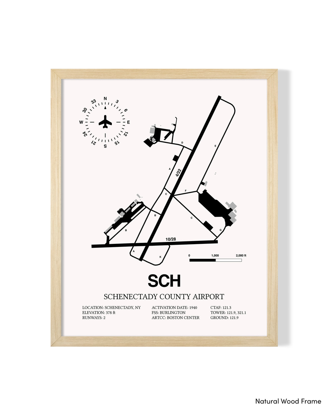 Detailed Airport Map of Schenectady County Airport (SCH) in White with a Natural Frame