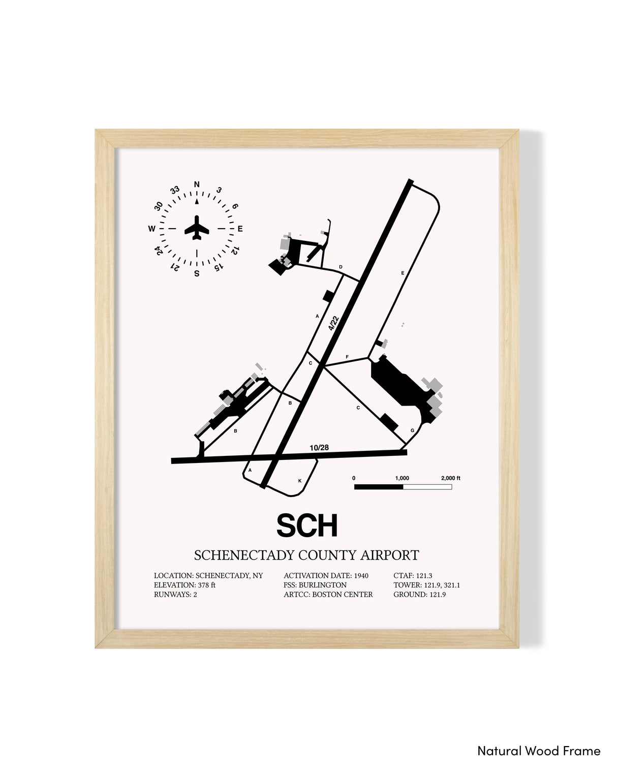 Detailed Airport Map of Schenectady County Airport (SCH) in White with a Natural Frame