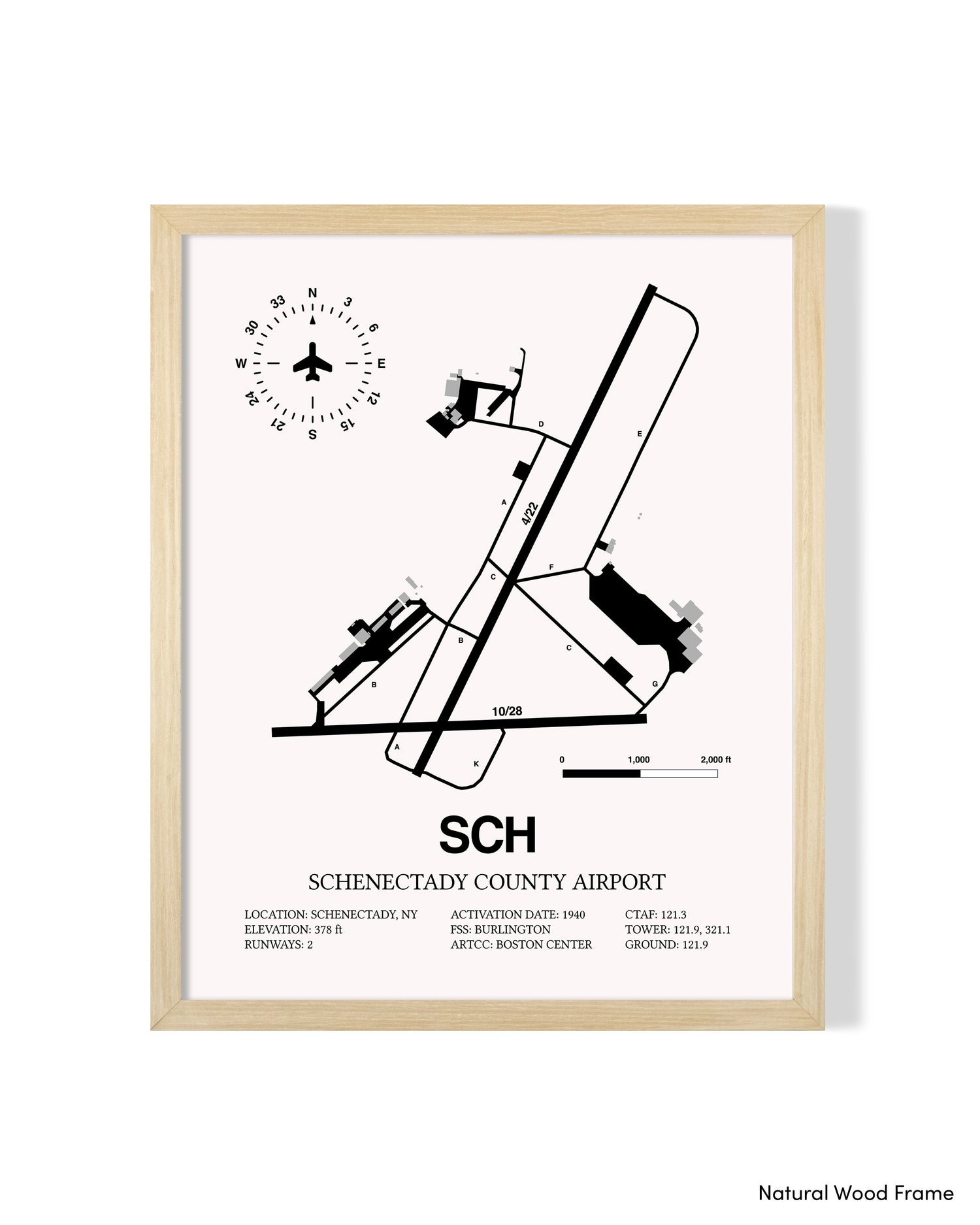 Detailed Airport Map of Schenectady County Airport (SCH) in White with a Natural Frame