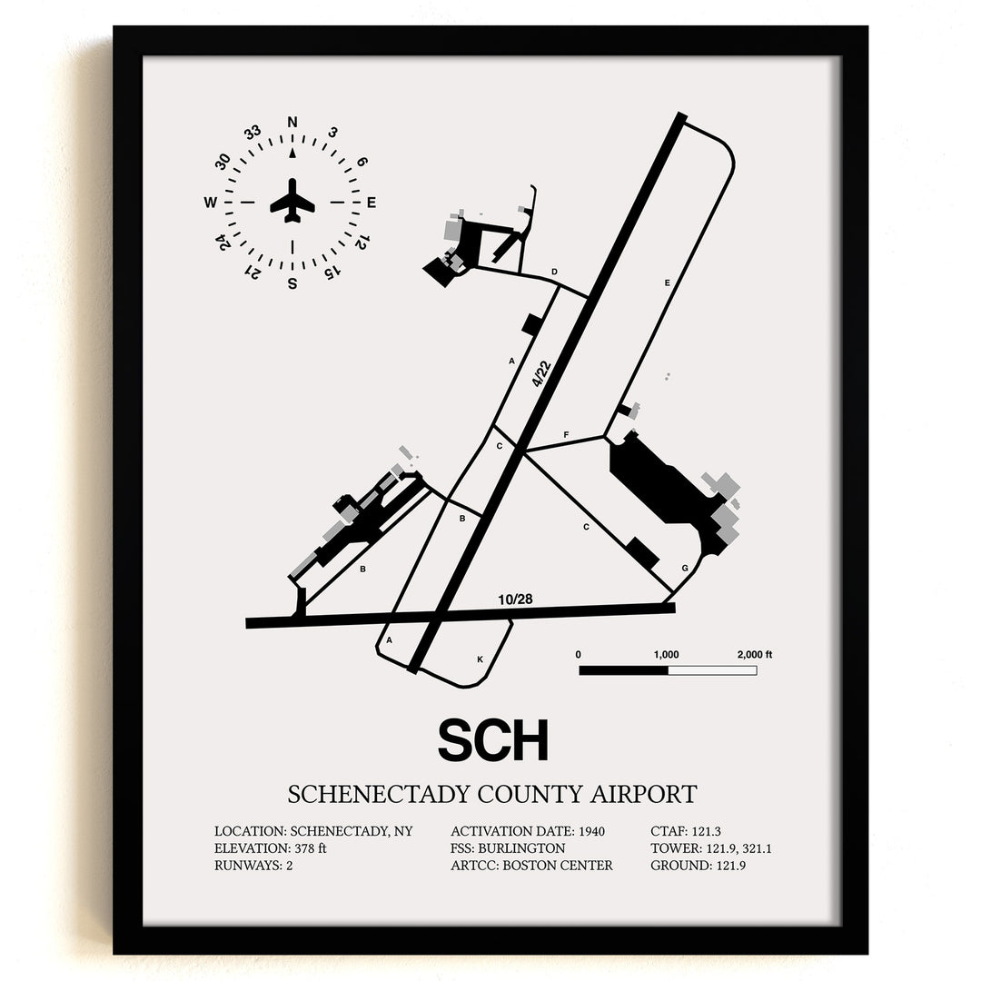 Framed Detailed Airport Map of Schenectady County Airport (SCH) in White with a Black Frame