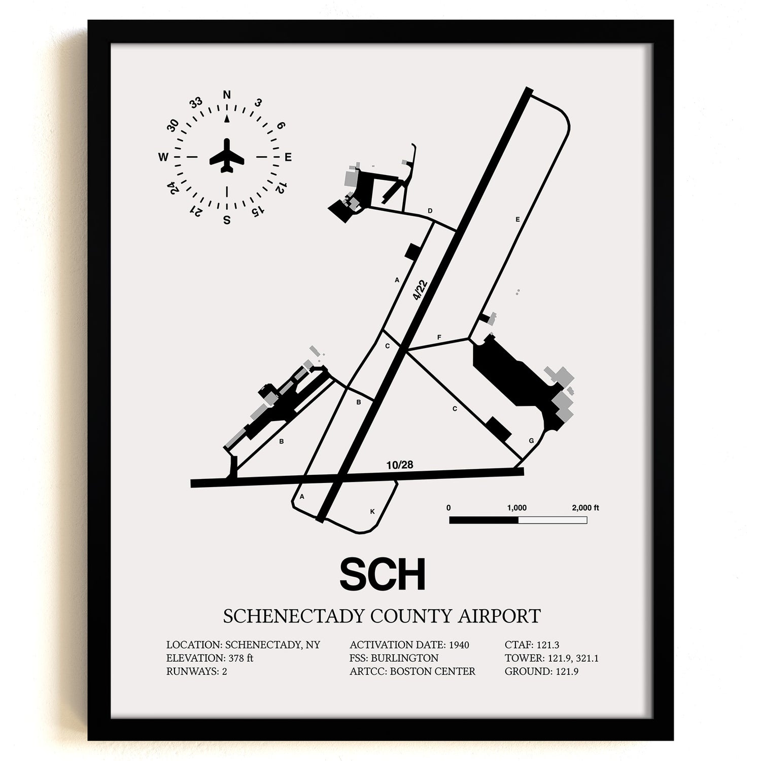 Framed Detailed Airport Map of Schenectady County Airport (SCH) in White with a Black Frame