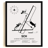 Framed Detailed Airport Map of Schenectady County Airport (SCH) in White with a Black Frame