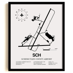 Framed Detailed Airport Map of Schenectady County Airport (SCH) in White with a Black Frame