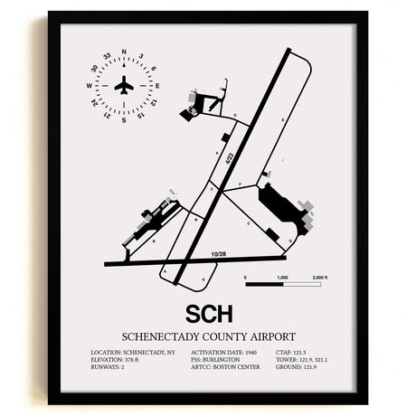 Framed Detailed Airport Map of Schenectady County Airport (SCH) in White with a Black Frame