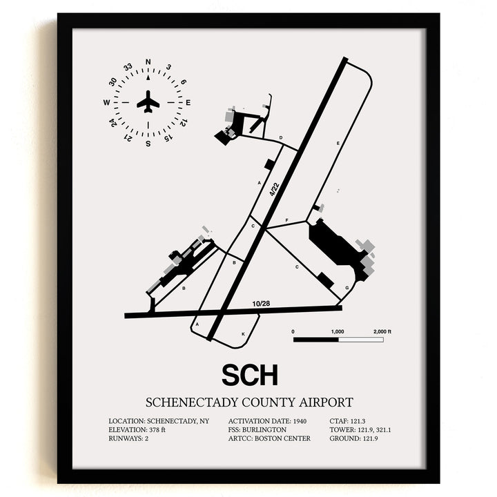 Framed Detailed Airport Map of Schenectady County Airport (SCH) in White with a Black Frame