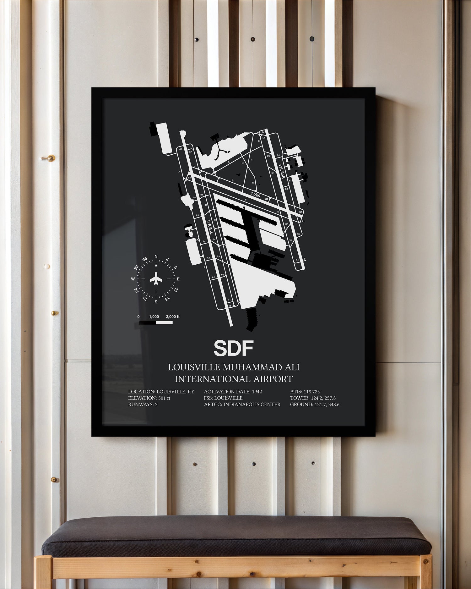 Framed Detailed Airport Map of Louisville Muhammad Ali International Airport (SDF) in Gray with a Black Frame