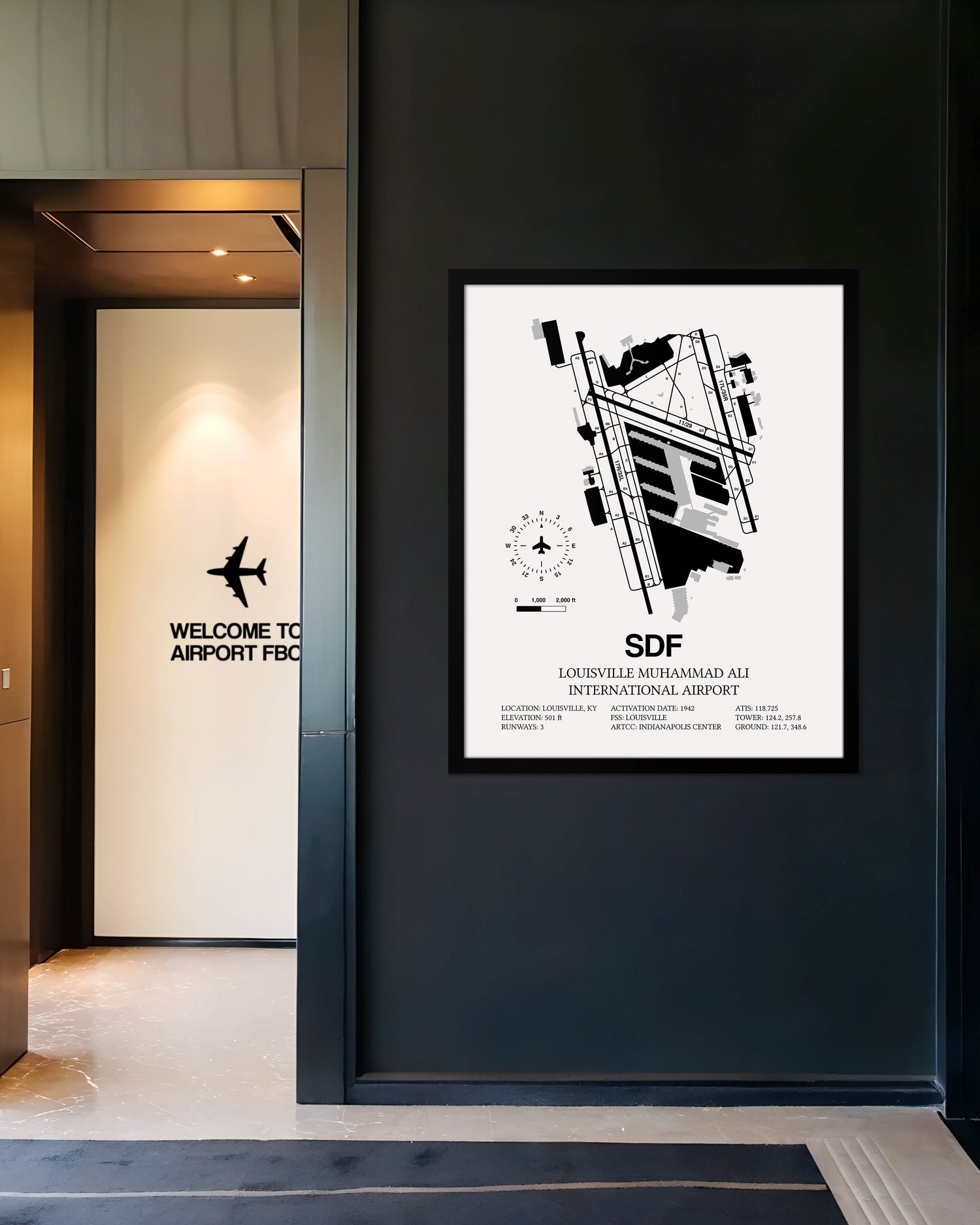 Framed Detailed Airport Map of Louisville Muhammad Ali International Airport (SDF) in White with a Black Frame