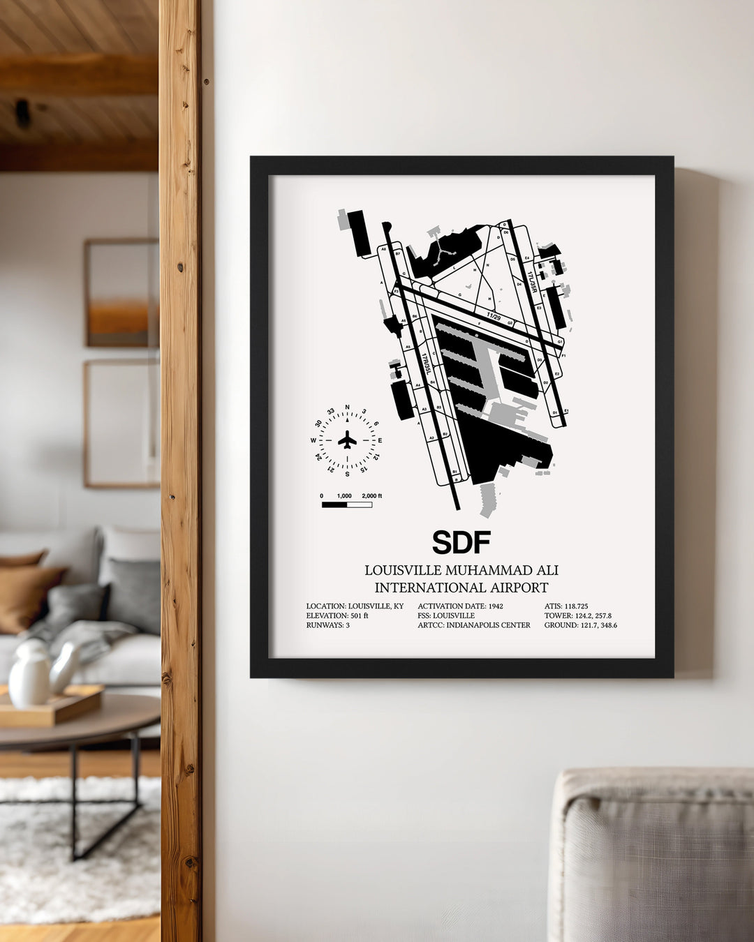 Framed Detailed Airport Map of Louisville Muhammad Ali International Airport (SDF) in White with a Black Frame
