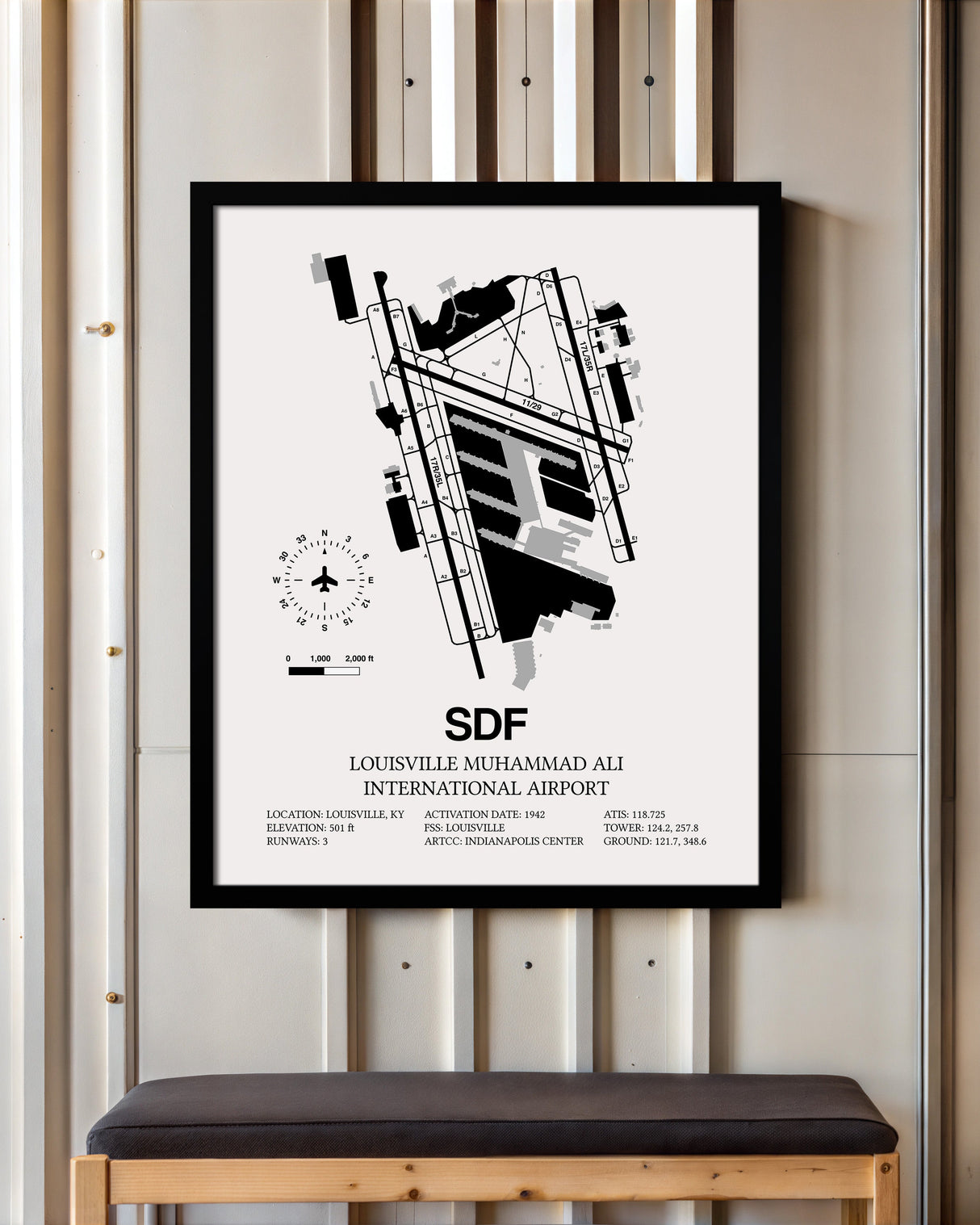 Framed Detailed Airport Map of Louisville Muhammad Ali International Airport (SDF) in White with a Black Frame