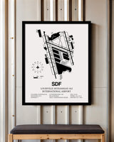 Framed Detailed Airport Map of Louisville Muhammad Ali International Airport (SDF) in White with a Black Frame