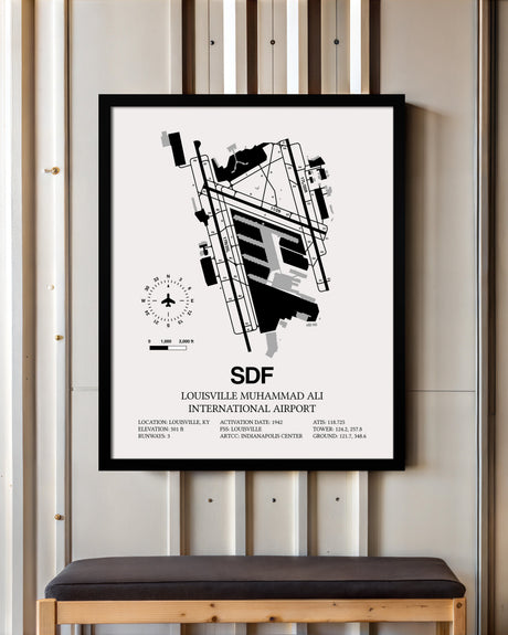 Framed Detailed Airport Map of Louisville Muhammad Ali International Airport (SDF) in White with a Black Frame