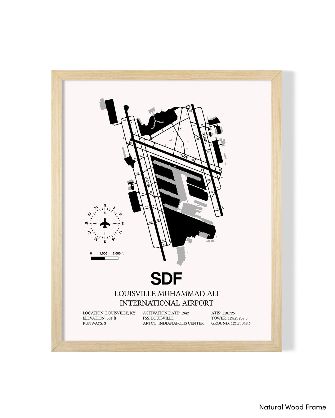Detailed Airport Map of Louisville Muhammad Ali International Airport (SDF) in White with a Natural Frame