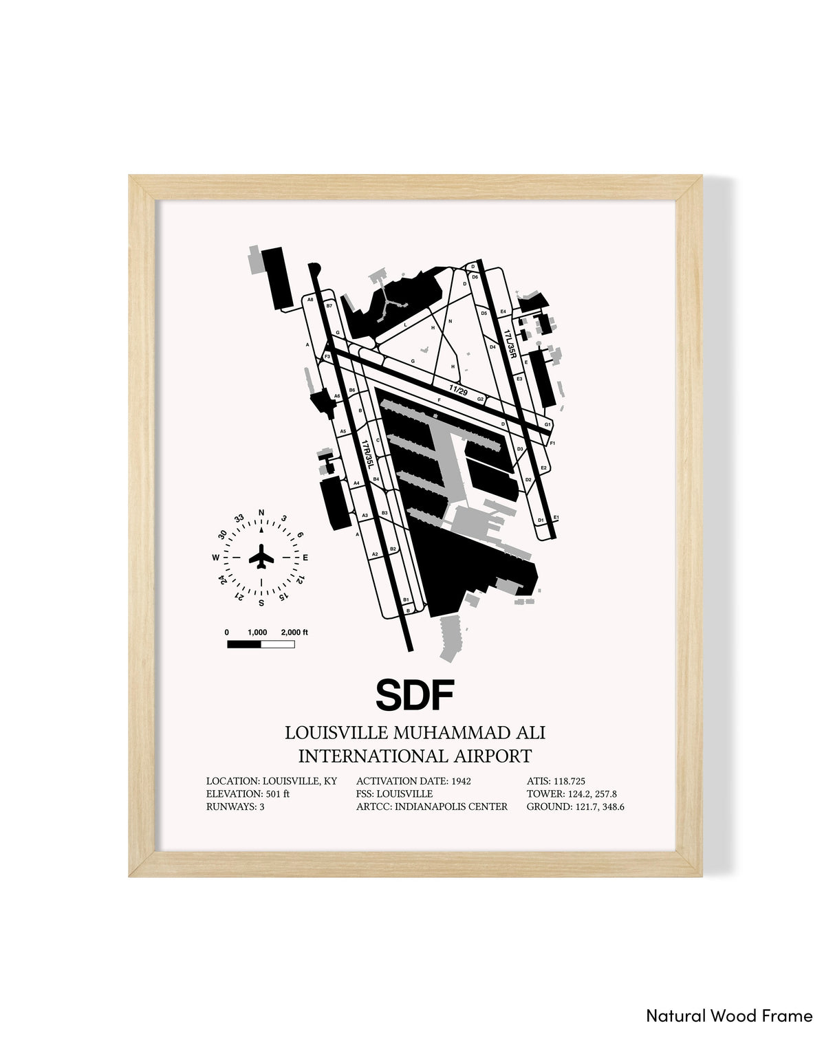 Detailed Airport Map of Louisville Muhammad Ali International Airport (SDF) in White with a Natural Frame