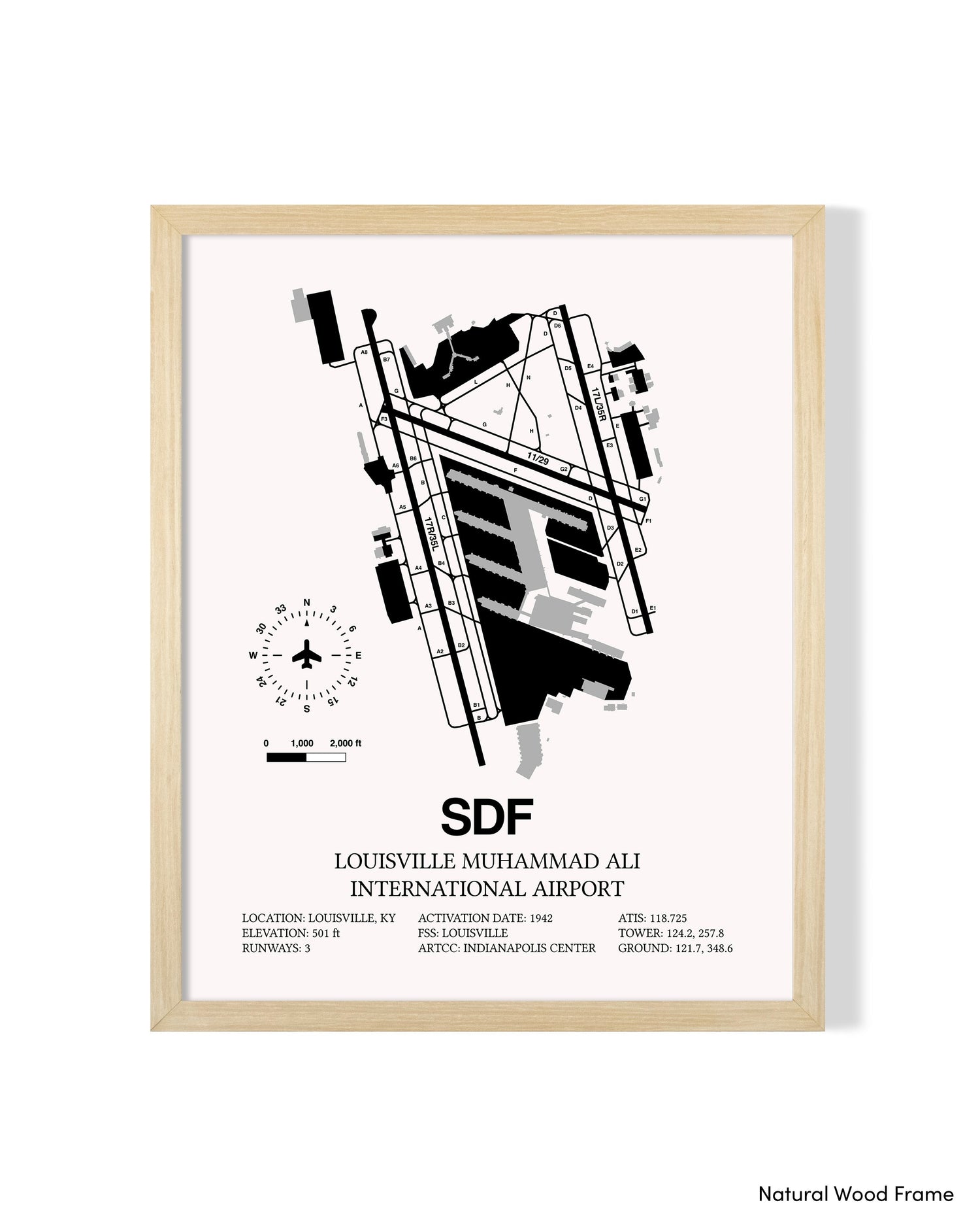 Detailed Airport Map of Louisville Muhammad Ali International Airport (SDF) in White with a Natural Frame