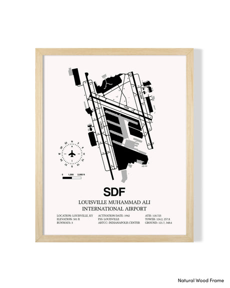 Detailed Airport Map of Louisville Muhammad Ali International Airport (SDF) in White with a Natural Frame