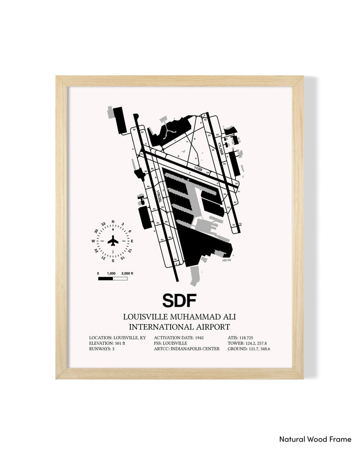 Detailed Airport Map of Louisville Muhammad Ali International Airport (SDF) in White with a Natural Frame