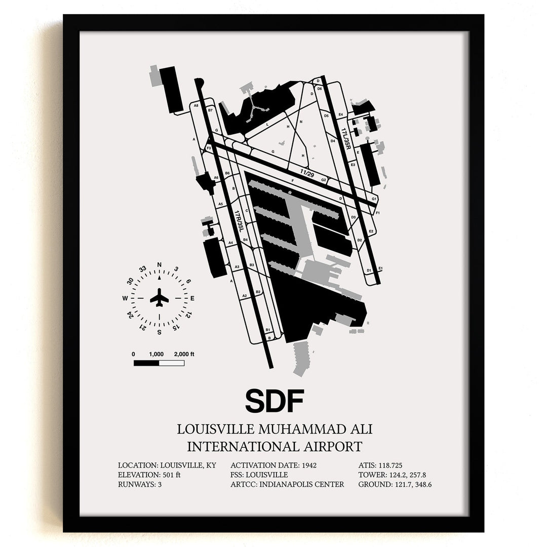 Framed Detailed Airport Map of Louisville Muhammad Ali International Airport (SDF) in White with a Black Frame