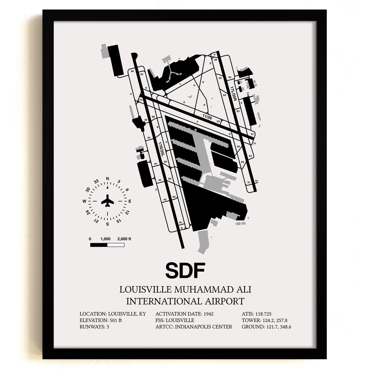 Framed Detailed Airport Map of Louisville Muhammad Ali International Airport (SDF) in White with a Black Frame