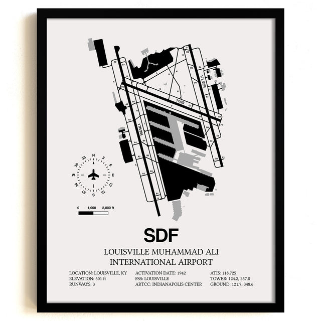 Framed Detailed Airport Map of Louisville Muhammad Ali International Airport (SDF) in White with a Black Frame