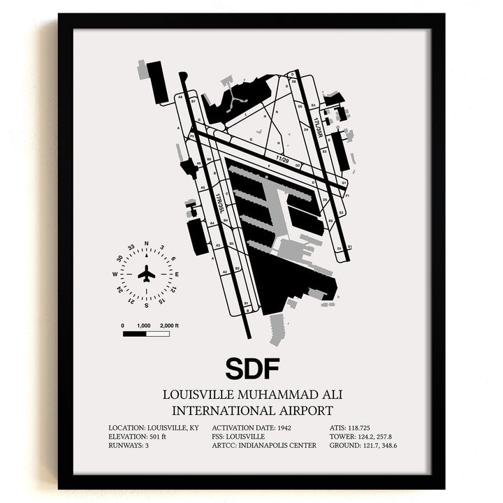 Framed Detailed Airport Map of Louisville Muhammad Ali International Airport (SDF) in White with a Black Frame