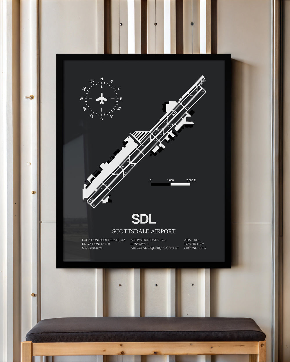 Framed Detailed Airport Map of Scottsdale Airport (SDL) in Gray with a Black Frame