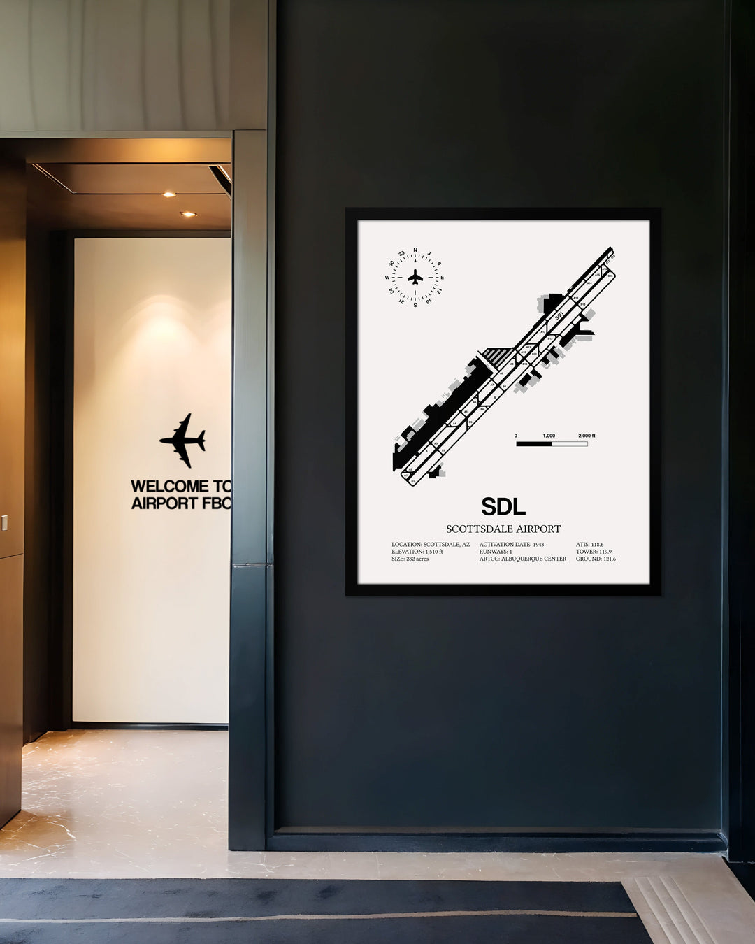Framed Detailed Airport Map of Scottsdale Airport (SDL) in White with a Black Frame