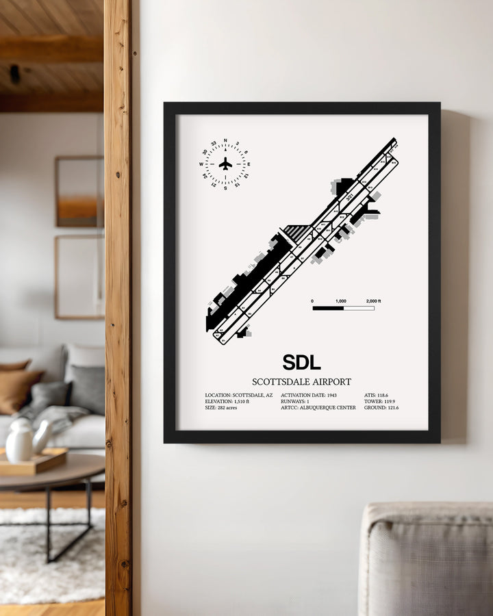 Framed Detailed Airport Map of Scottsdale Airport (SDL) in White with a Black Frame