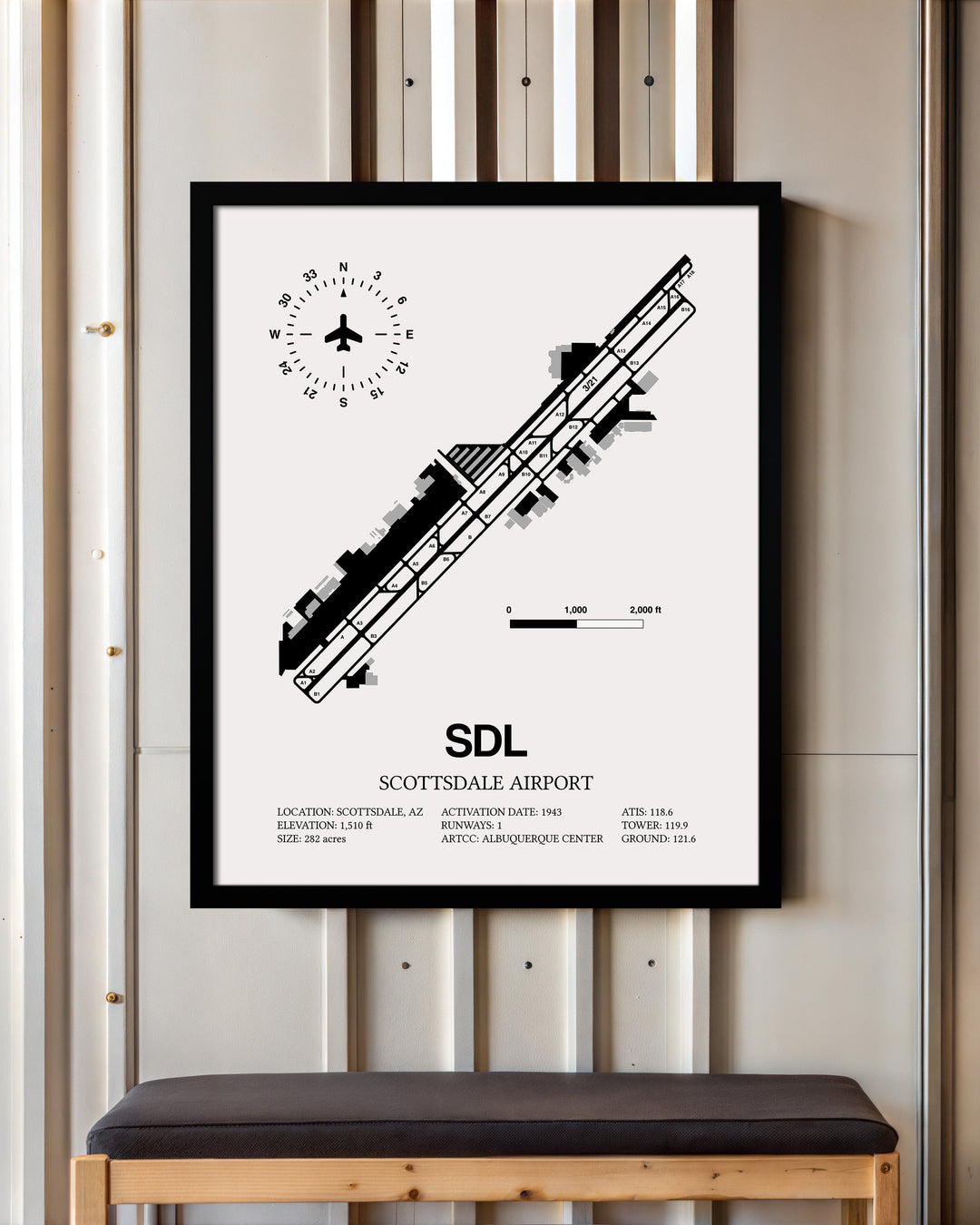 Framed Detailed Airport Map of Scottsdale Airport (SDL) in White with a Black Frame