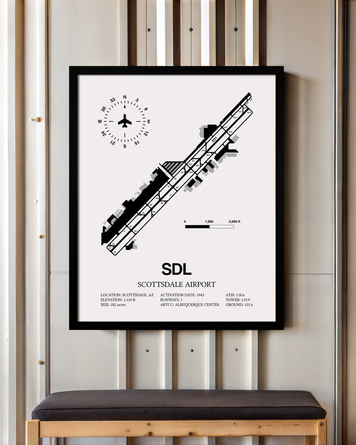 Framed Detailed Airport Map of Scottsdale Airport (SDL) in White with a Black Frame
