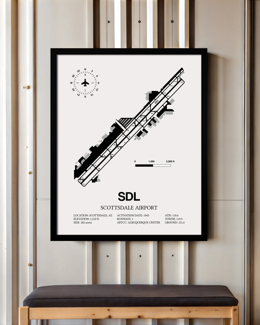 Framed Detailed Airport Map of Scottsdale Airport (SDL) in White with a Black Frame