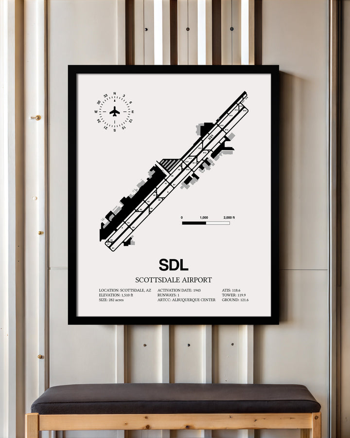 Framed Detailed Airport Map of Scottsdale Airport (SDL) in White with a Black Frame