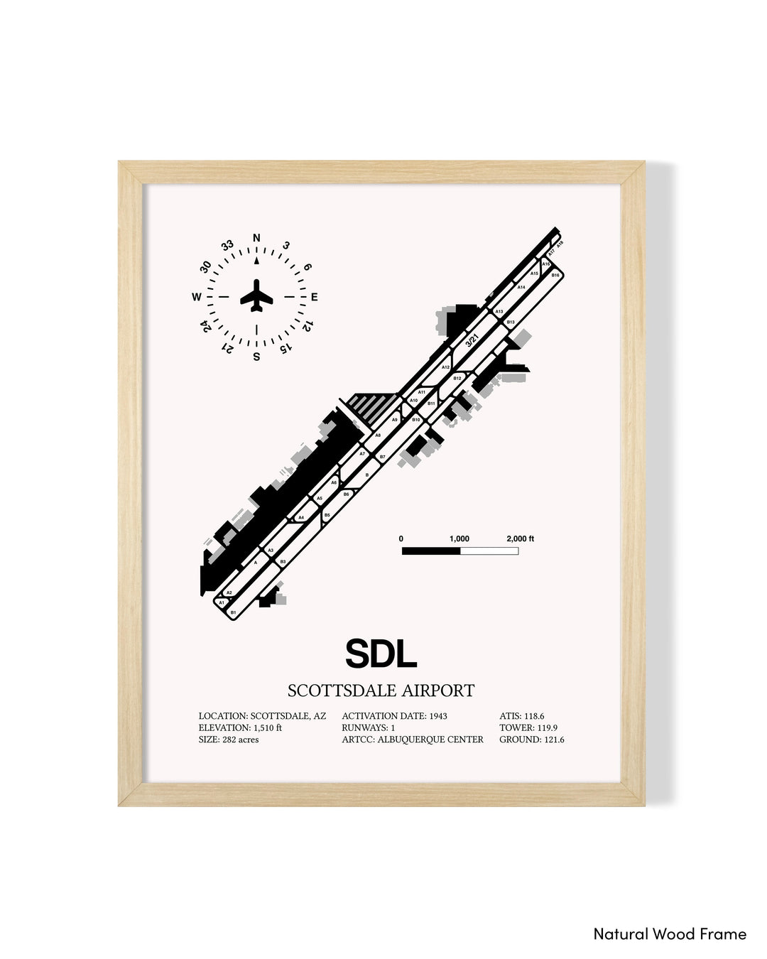 Detailed Airport Map of Scottsdale Airport (SDL) in White with a Natural Frame