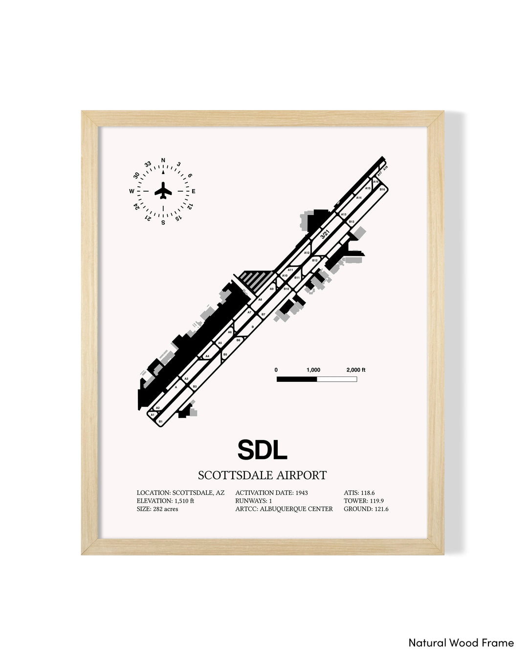 Detailed Airport Map of Scottsdale Airport (SDL) in White with a Natural Frame