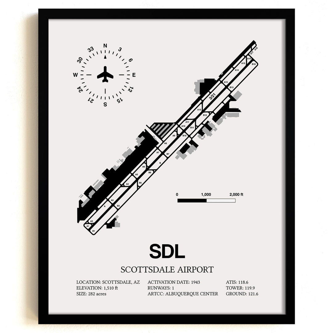 Framed Detailed Airport Map of Scottsdale Airport (SDL) in White with a Black Frame