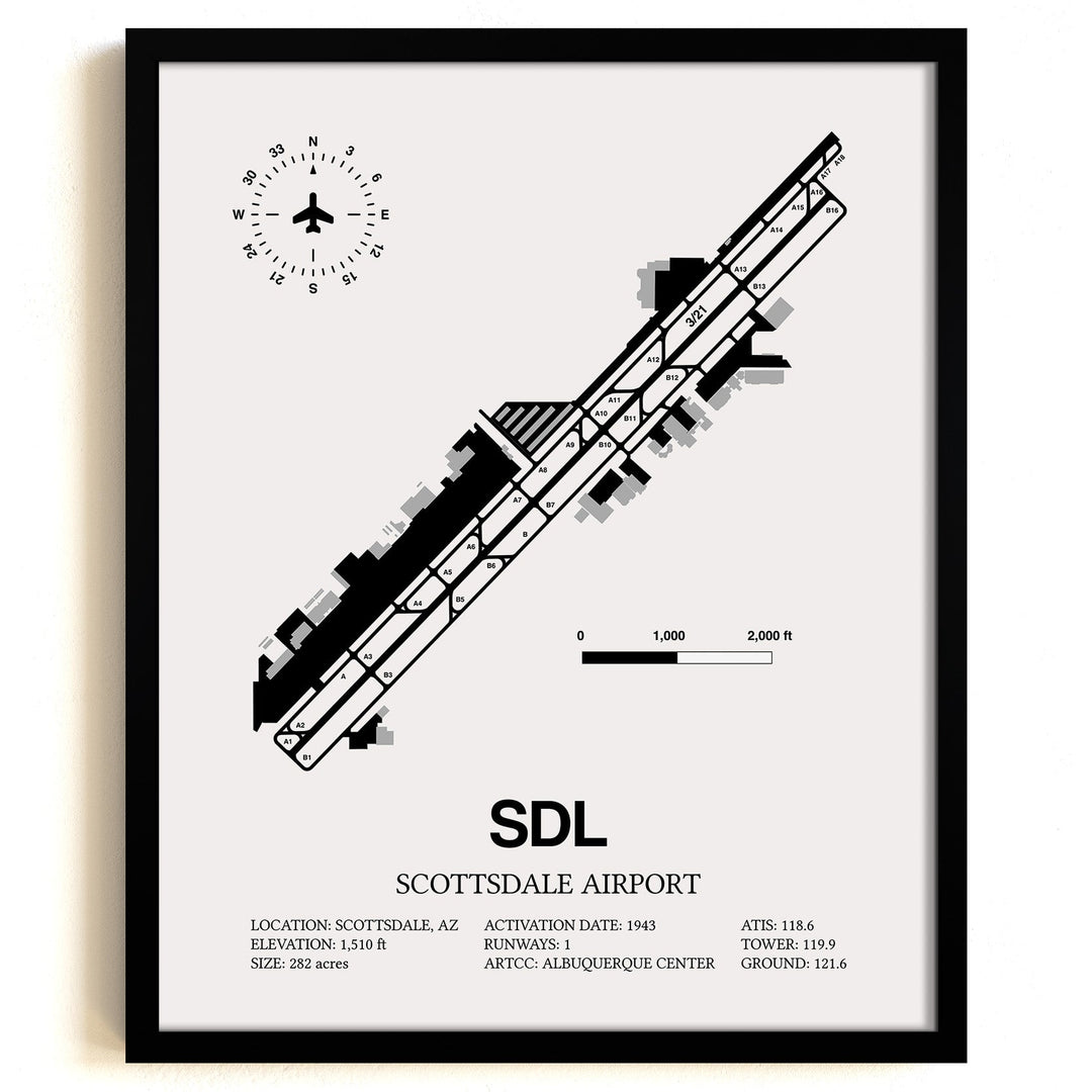 Framed Detailed Airport Map of Scottsdale Airport (SDL) in White with a Black Frame