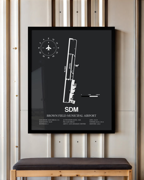 Framed Detailed Airport Map of Brown Field Municipal Airport (SDM) in Gray with a Black Frame