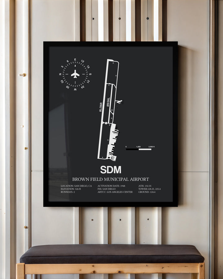 Framed Detailed Airport Map of Brown Field Municipal Airport (SDM) in Gray with a Black Frame