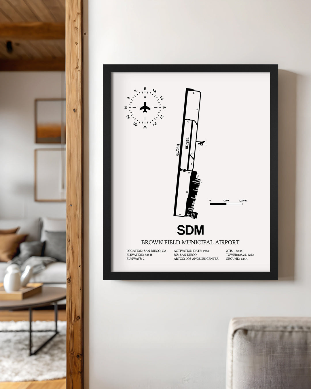 Framed Detailed Airport Map of Brown Field Municipal Airport (SDM) in White with a Black Frame