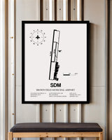 Framed Detailed Airport Map of Brown Field Municipal Airport (SDM) in White with a Black Frame