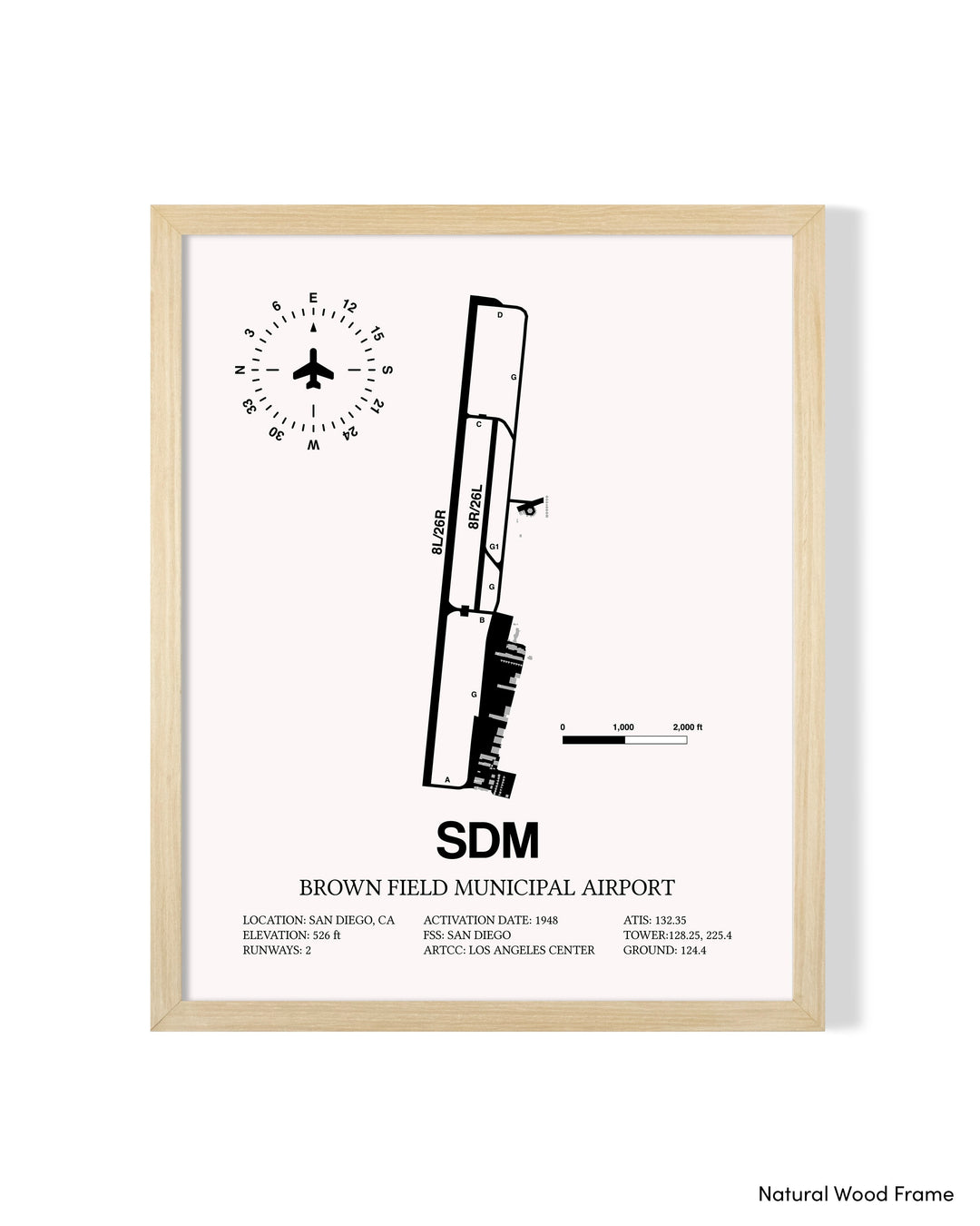 Detailed Airport Map of Brown Field Municipal Airport (SDM) in White with a Natural Frame