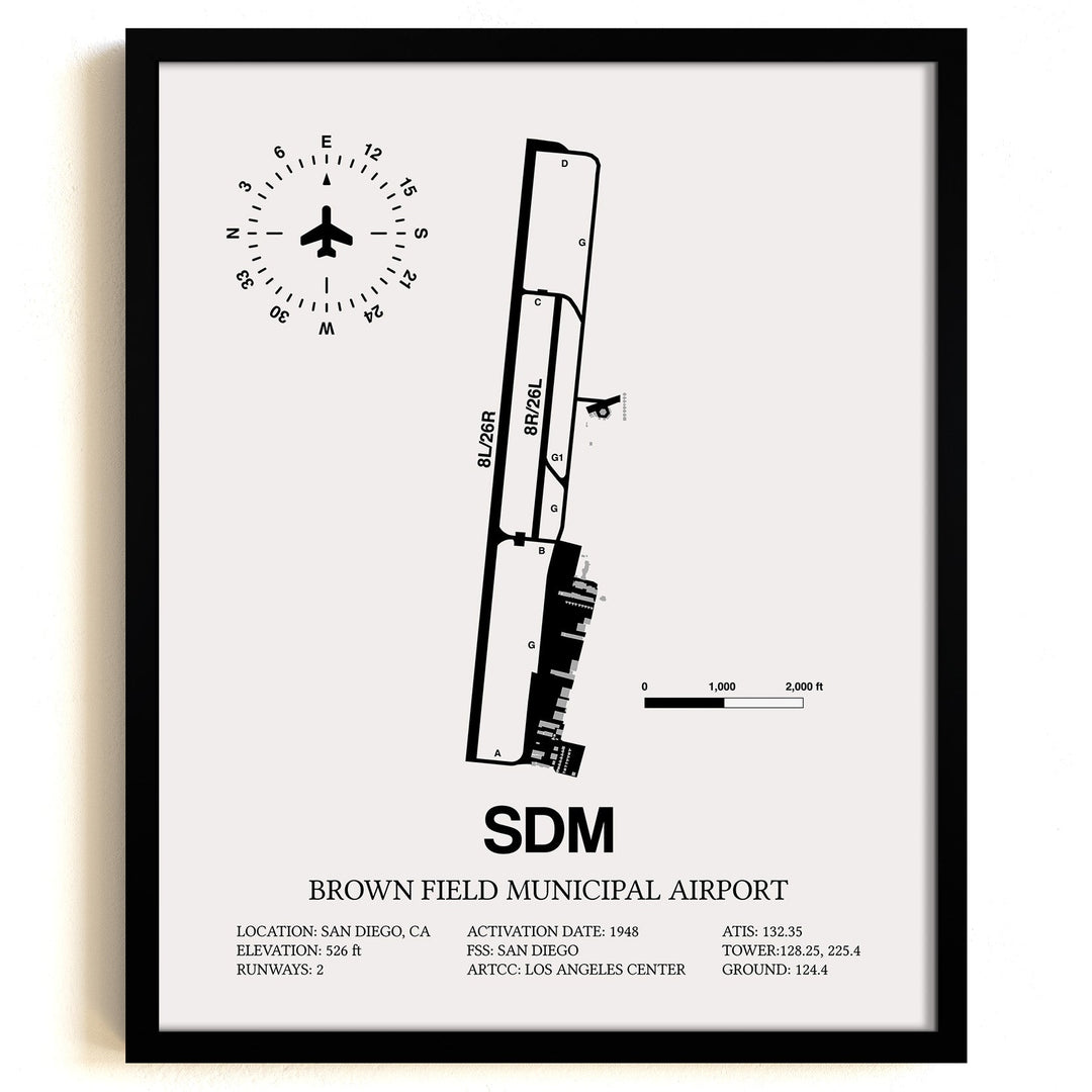 Framed Detailed Airport Map of Brown Field Municipal Airport (SDM) in White with a Black Frame