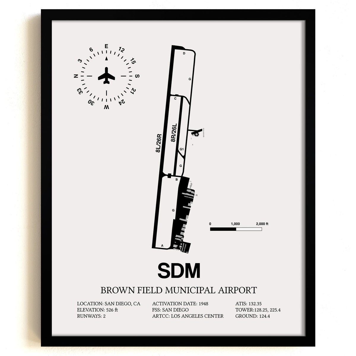 Framed Detailed Airport Map of Brown Field Municipal Airport (SDM) in White with a Black Frame