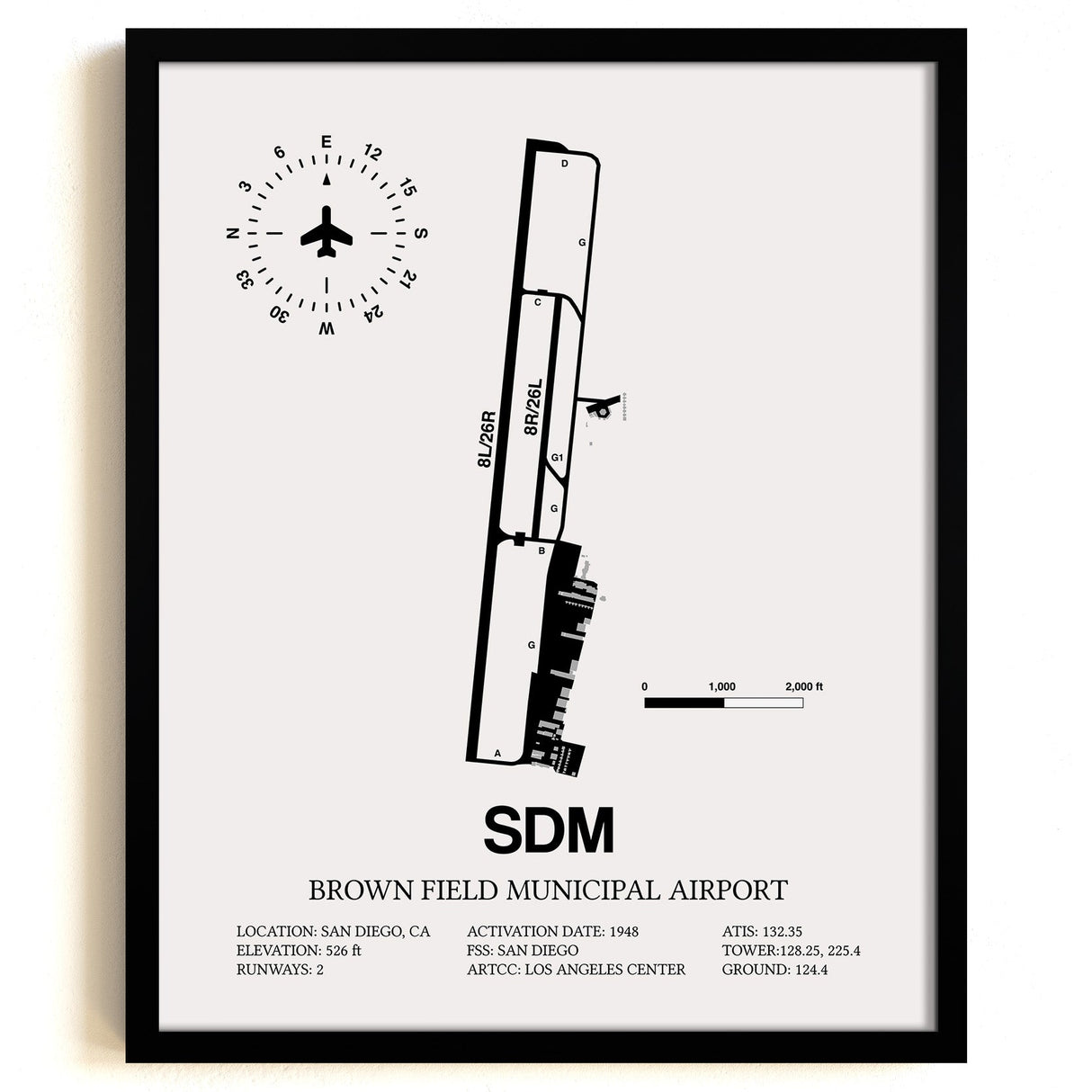 Framed Detailed Airport Map of Brown Field Municipal Airport (SDM) in White with a Black Frame