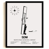 Framed Detailed Airport Map of Brown Field Municipal Airport (SDM) in White with a Black Frame