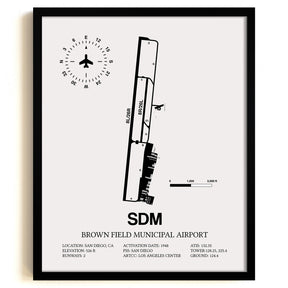 Framed Detailed Airport Map of Brown Field Municipal Airport (SDM) in White with a Black Frame