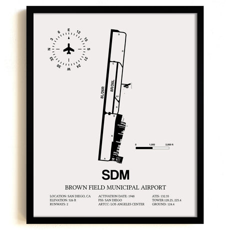 Framed Detailed Airport Map of Brown Field Municipal Airport (SDM) in White with a Black Frame